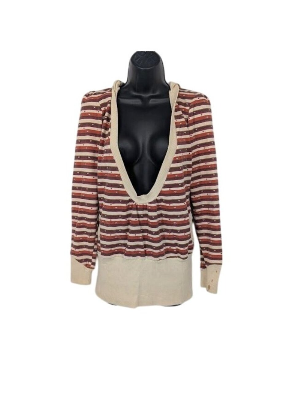 Vtg Self Esteem Y2K Striped Hooded Knit Sweatshirt Deep V Preppy‎ Skater Medium
